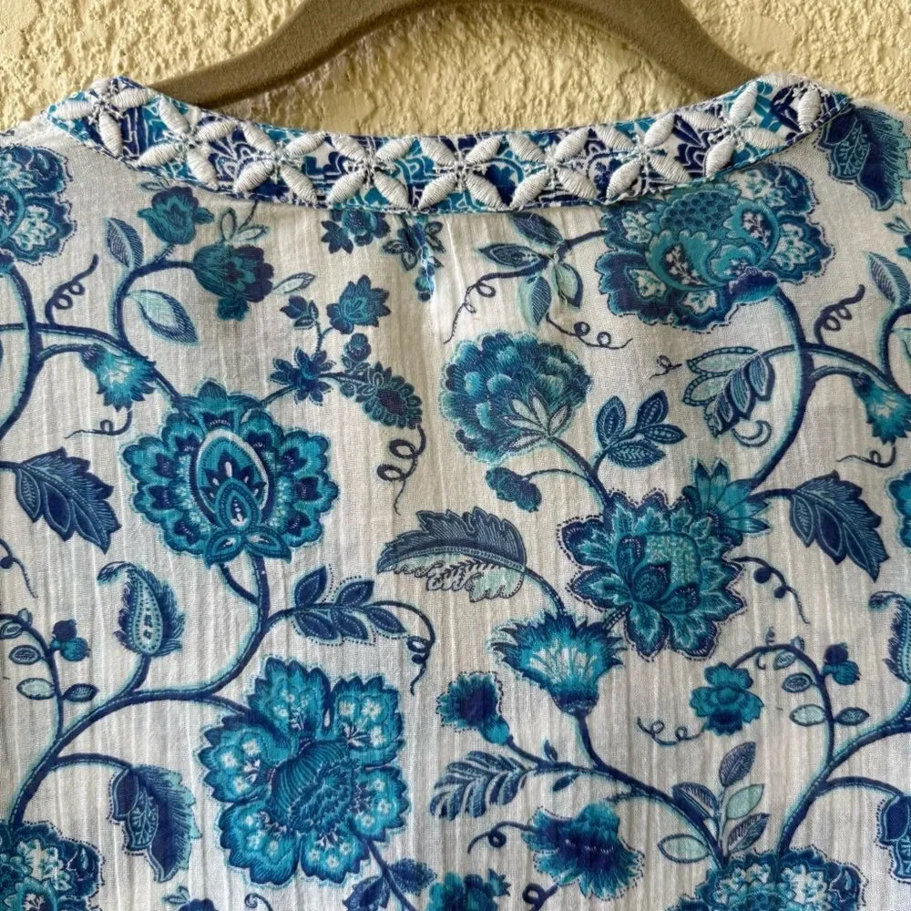 Sigrid Olsen Blue Floral embroidered Tunic Top Crinkle Cotton Boho Sz Small